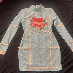 Fashion Nova Light Blue Floral Pearl Dress